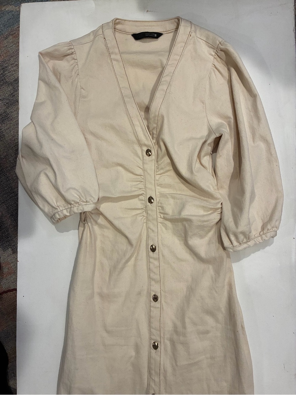 Zara Cream Button-Front Midi Dress with Puff Sleeves Size Small, belt not incl